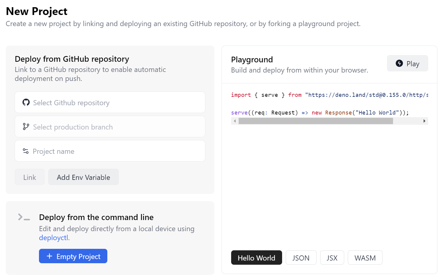 Creating a new project in Deno Deploy
