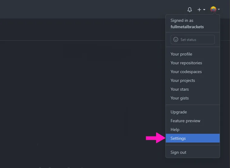 Going to settings in GitHub Going to settings in GitHub.
