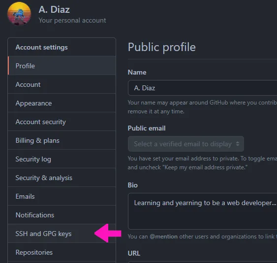 Going to SSH and GPG keys settings in GitHub Going to SSH and GPG keys settings in GitHub.