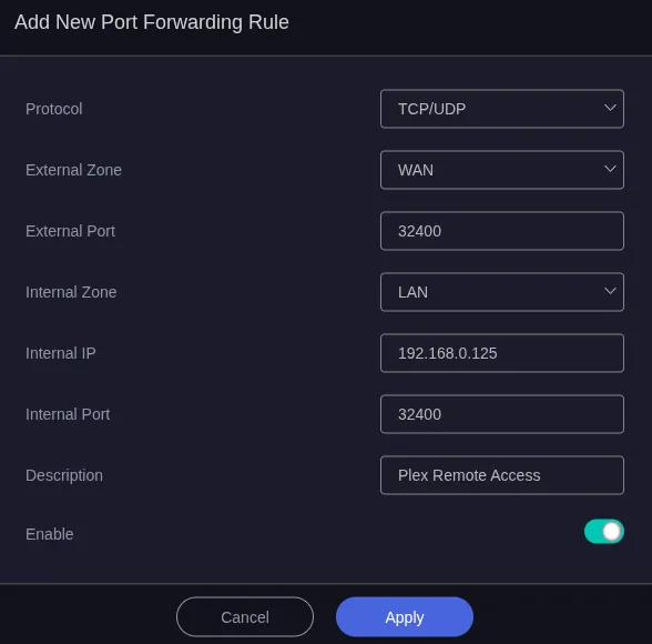 A screenshot of the GL.iNet Flint 2 router's web-based user interface, port forwarding settings