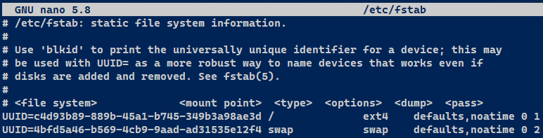 fstab file before editting.