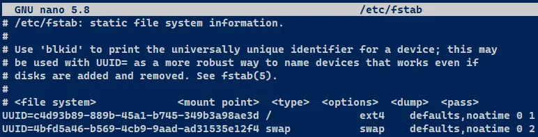 fstab file before editting.