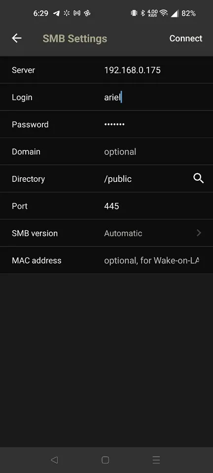 PhotoSync SMB account settings.