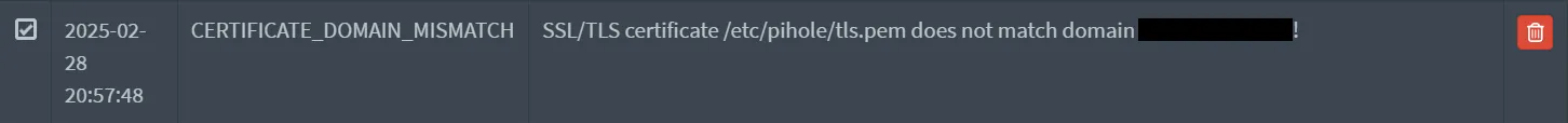 Certificate Domain Mismatch warning in Pi-Hole diagnosis Certificate Domain Mismatch warning in Pi-Hole diagnosis.