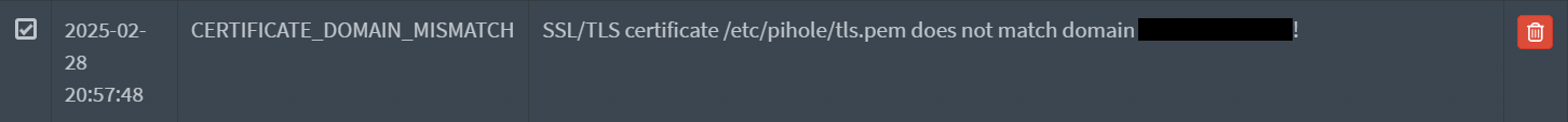 Certificate Domain Mismatch warning in Pi-Hole diagnosis.