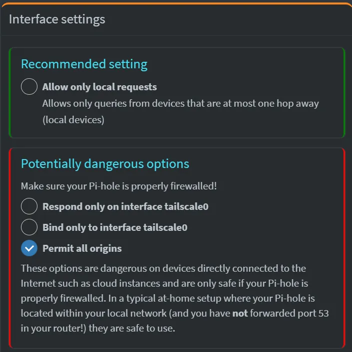 Setting Pi-hole to permit all origins.