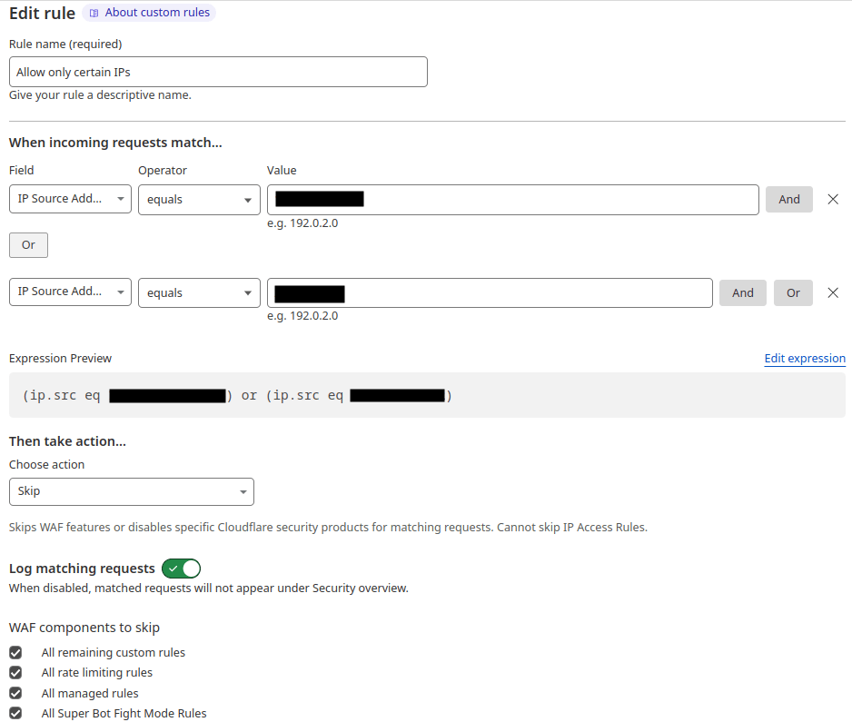 Creating WAF custom rule for allowed IPs to bypass WAF.