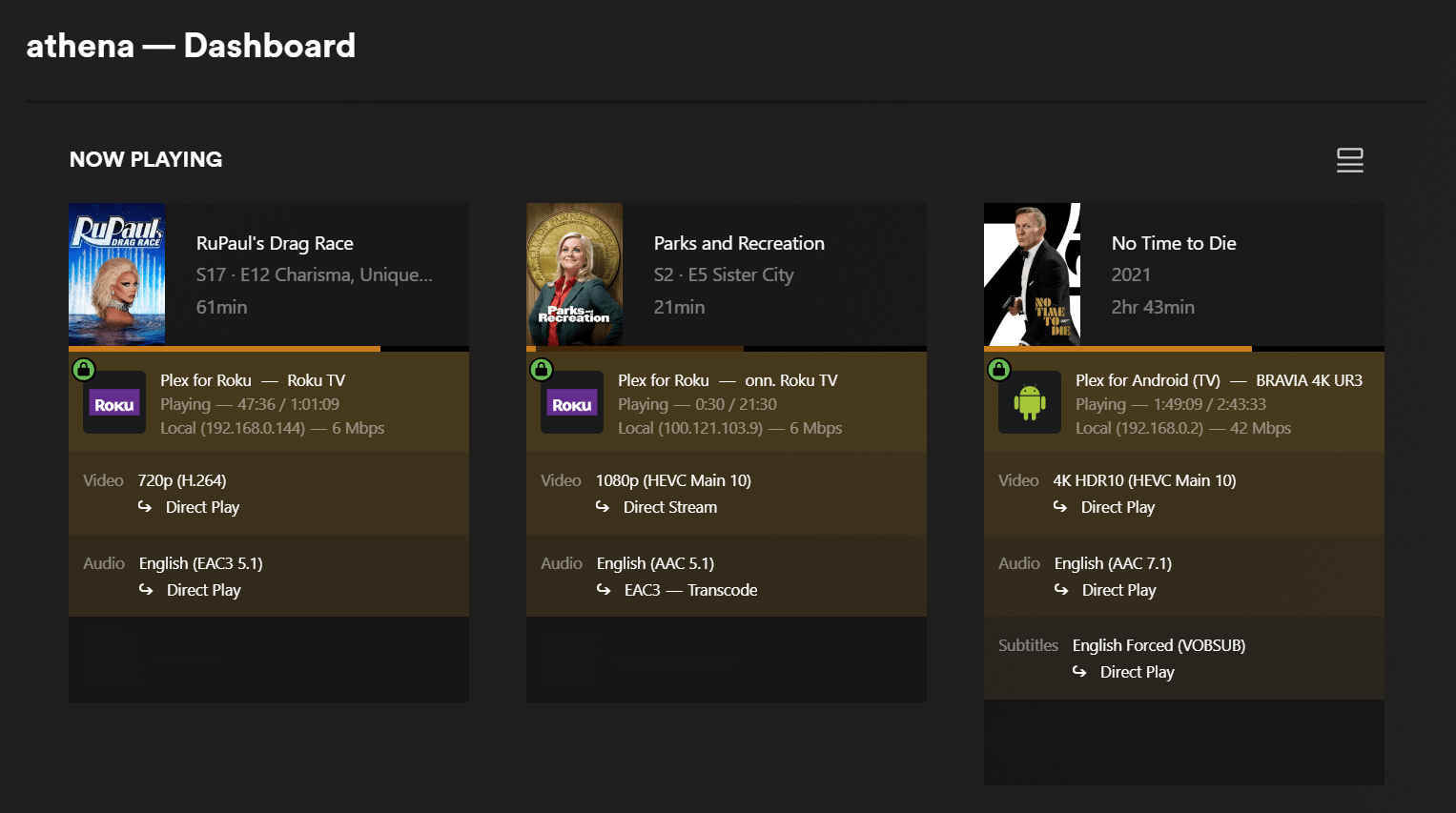 Plex dashboard showing Tailscale IP as local client.