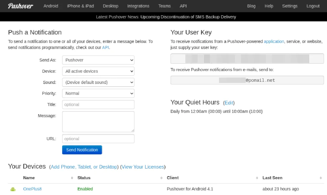 Pushover main page with User Key.