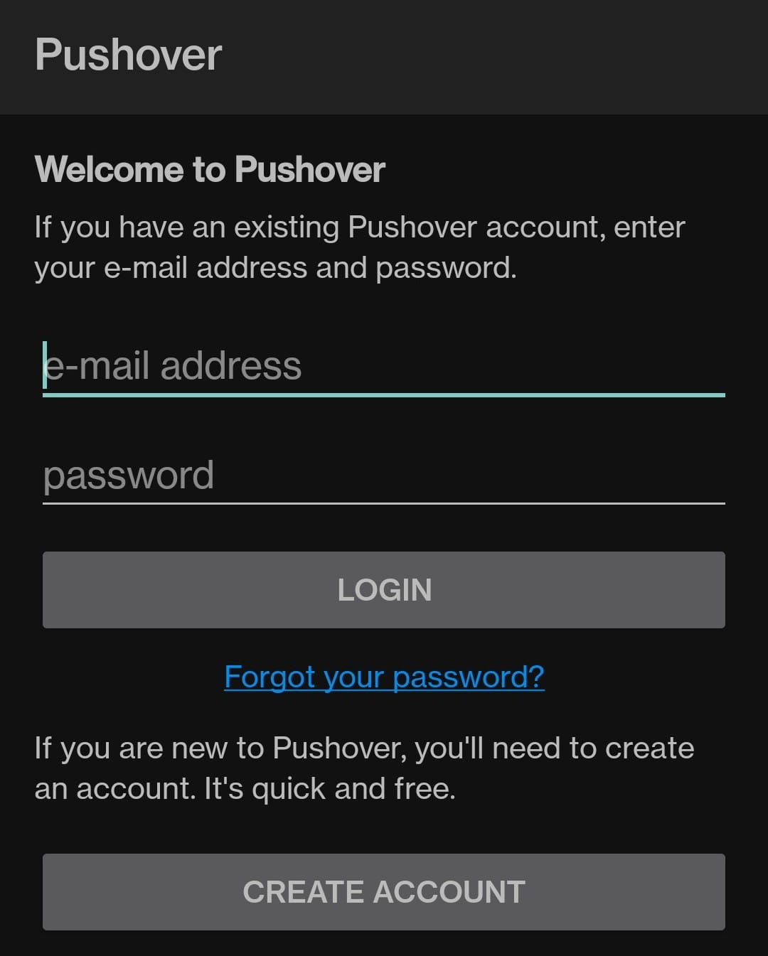 Logging in to Pushover mobile app.