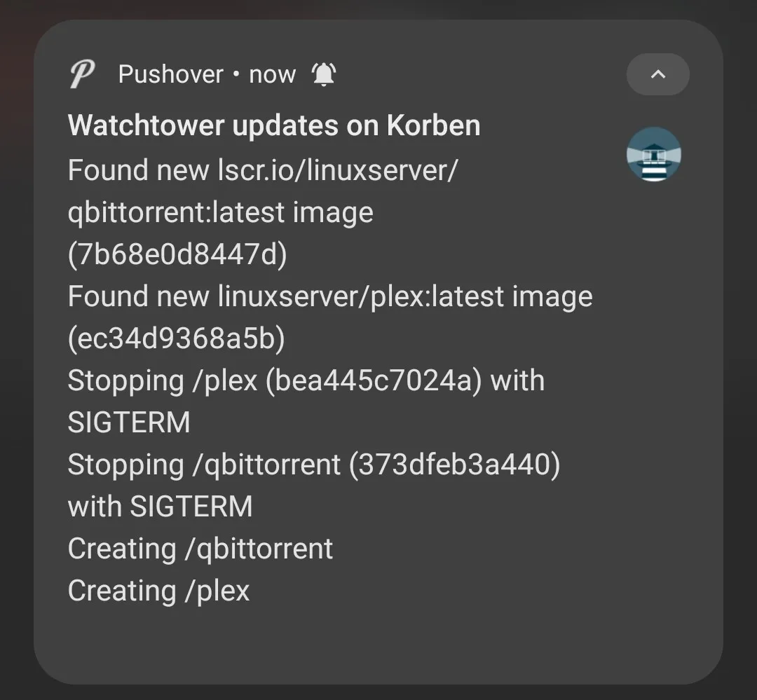 Example of Watchtower notification via Pushover.