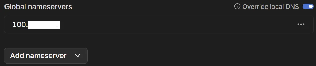 Custom nameserver with Override local DNS toggled on.