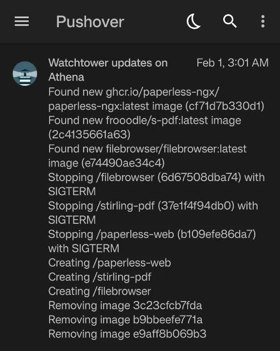 A screenshot of the Pushover mobile app