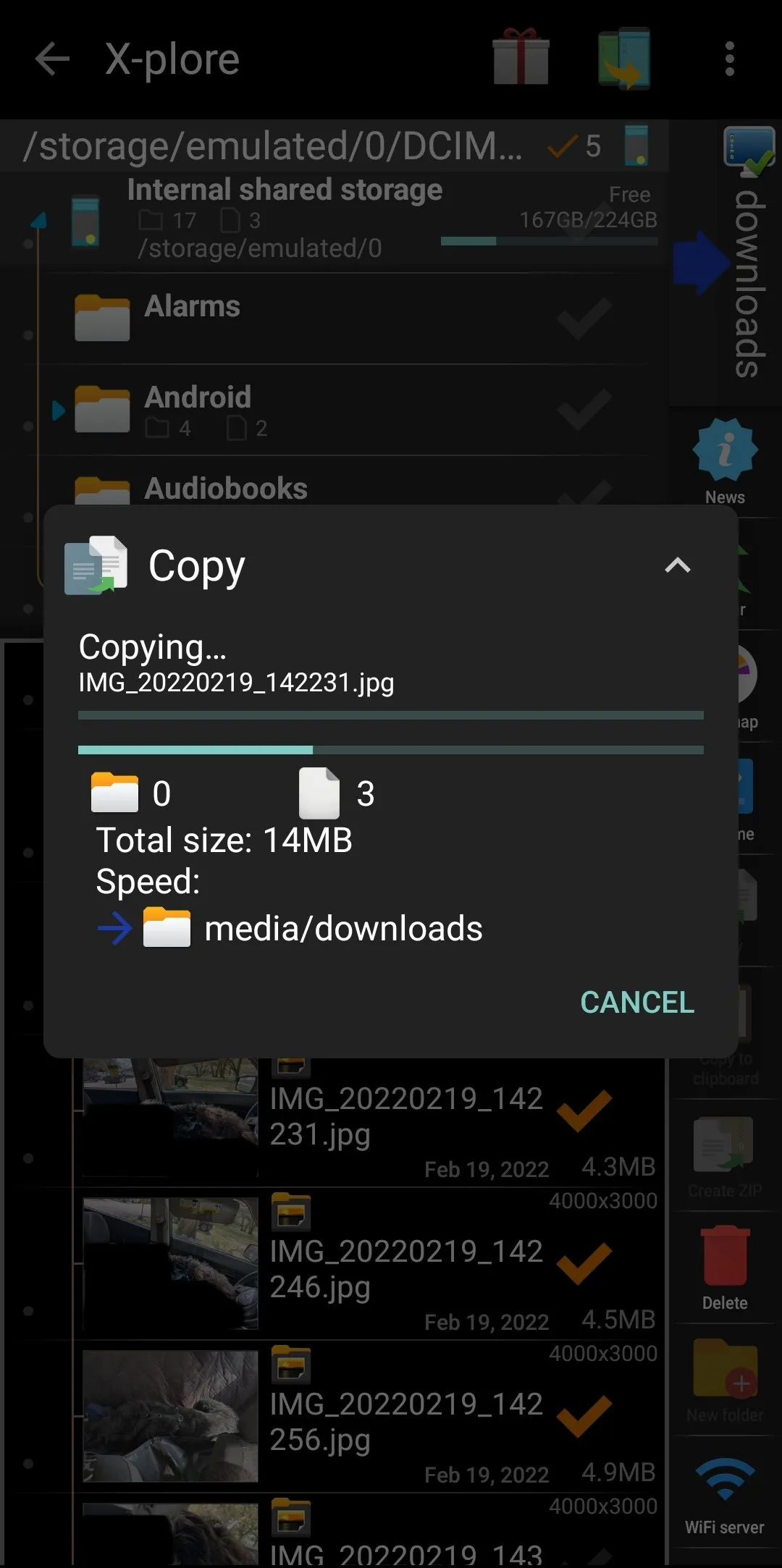 Finished transferred files in X-plore File Manager.