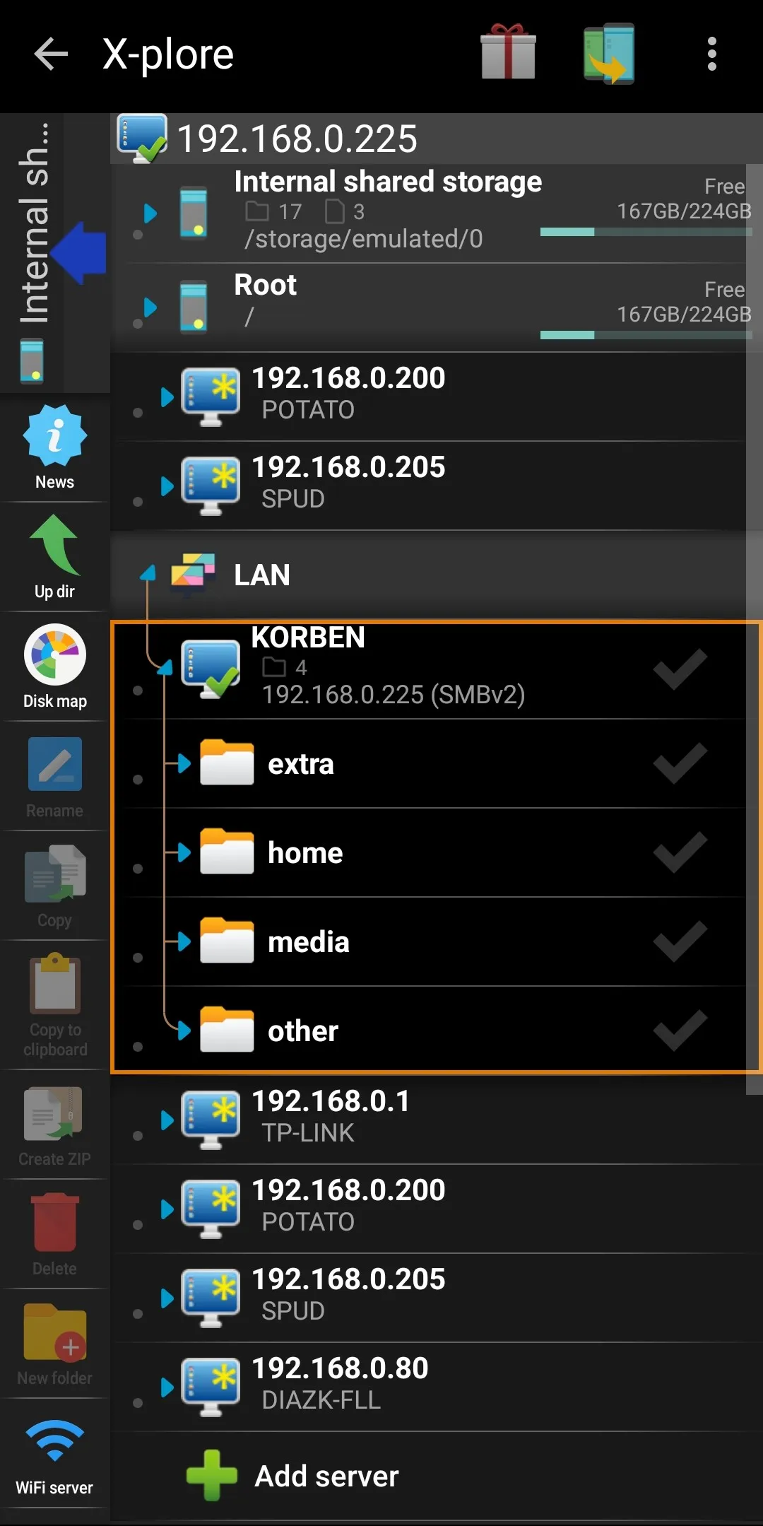 Accessing an internal storage folder in X-plore File Manager.